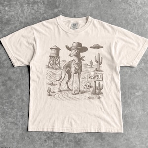 Greyhound UFO T-Shirt - Men & Women's Unisex Graphic Tee - Roswell Incident - Funny Dog Meme - Wild West Aliens Shirt