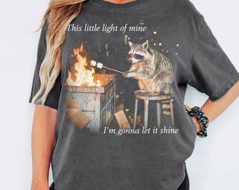 May include: A charcoal gray short-sleeve t-shirt featuring a graphic of a raccoon sitting on a stool, roasting marshmallows over a fire in a dumpster. The text reads, This little light of mine, I'm gonna let it shine, in white lettering.