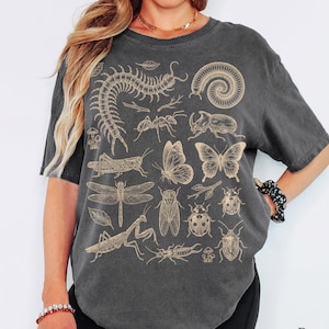 May include: A charcoal gray short-sleeve t-shirt featuring a detailed gold-toned graphic print of various insects, including a centipede, butterfly, dragonfly, beetle, and ladybug, arranged across the front with small botanical elements.