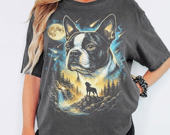 Boston Terrier Howling Moon T-Shirt - Men & Women's Unisex Graphic Tee - Vintage 90s Dog Meme Shirt - Funny Dog Momma Tee - Retro Top