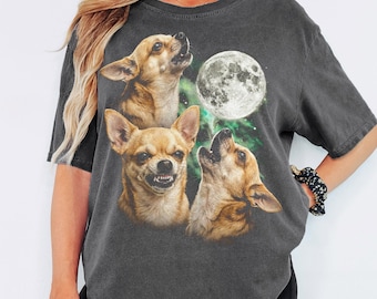 90s Three Chihuahuas T-Shirt - Men & Women's Unisex Graphic Tee - Full Moon Howling Shirt - Funny Dog Meme Shirt - Retro Silly Pet Shirt