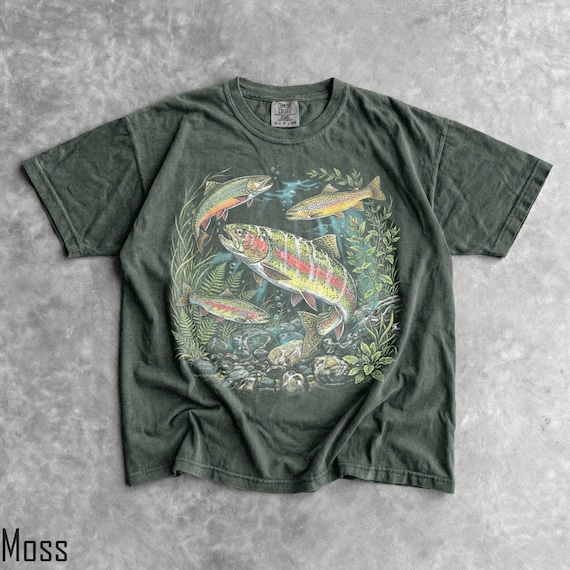 90s River Wildlife T-Shirt - Men & Women's Unisex Graphic Tee - Vintage Rainbow Trout Tee - Fishing Shirts - Retro Fish Shirt - Nature Top