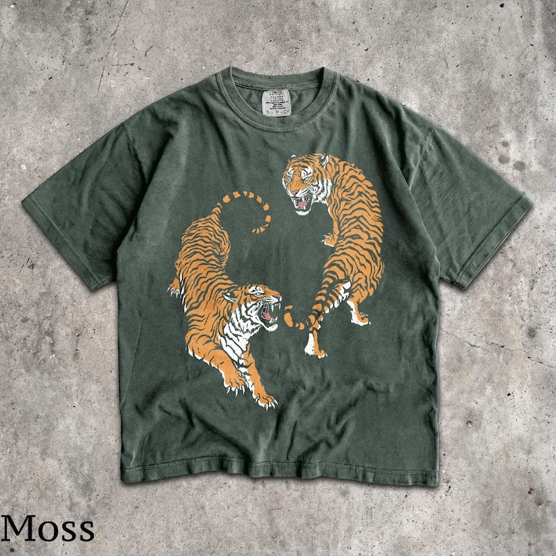 Japanese Tiger Fight T-Shirt - Vintage Men & Women's Unisex Graphic Tee - Vintage Wild Cat Streetwear Shirt - Retro 90s Throwback Shirt Moss