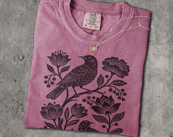 Linocut Birds T-Shirt - Men & Women's Unisex Graphic Tee - Vintage 90s Floral Shirt - Botanical Plants Shirt - Cottagecore Gifts