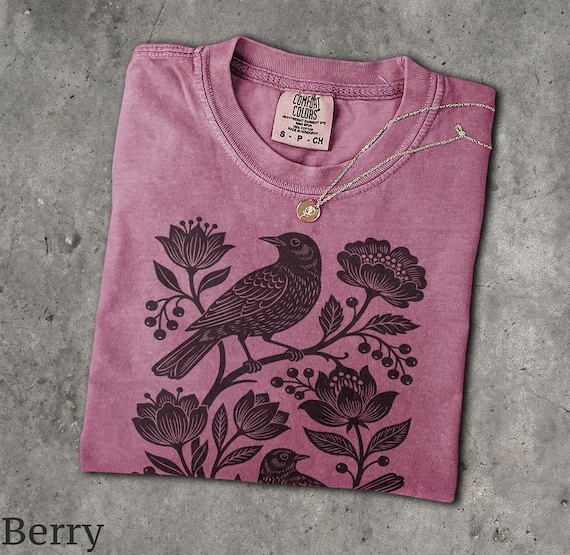 Linocut Birds T-Shirt - Men & Women's Unisex Graphic Tee - Vintage 90s Floral Shirt - Botanical Plants Shirt - Cottagecore Gifts