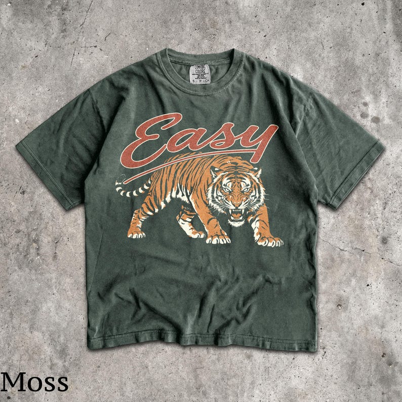 90s Easy Tiger T-Shirt - Men & Women's Unisex Graphic Tee - Vintage Tiger Shirt - Retro Boho Top - Distressed Indie Shirt Moss