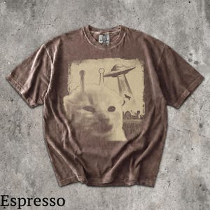 May include: A brown short-sleeve t-shirt featuring a graphic print of a cat with antennae, a flying saucer beaming down a cow, and a barn. The shirt has a crew neckline and a label at the inner collar that reads Comfort Colors. The color is espresso.