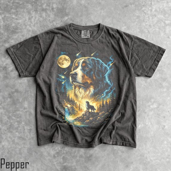 Bernese Mountain Dog Howling Moon T-Shirt - Men & Women's Unisex Graphic Tee - Vintage 90s Dog Meme Shirt - Funny BMD Dog Mom Shirt