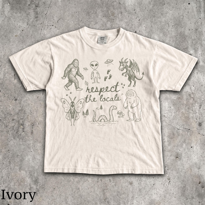 Respect The Locals T-Shirt - Vintage Men & Women's Unisex Graphic Tee - Cryptids - Bigfoot - Mothman - Aliens - Yeti - Folk Horror Shirt Ivory