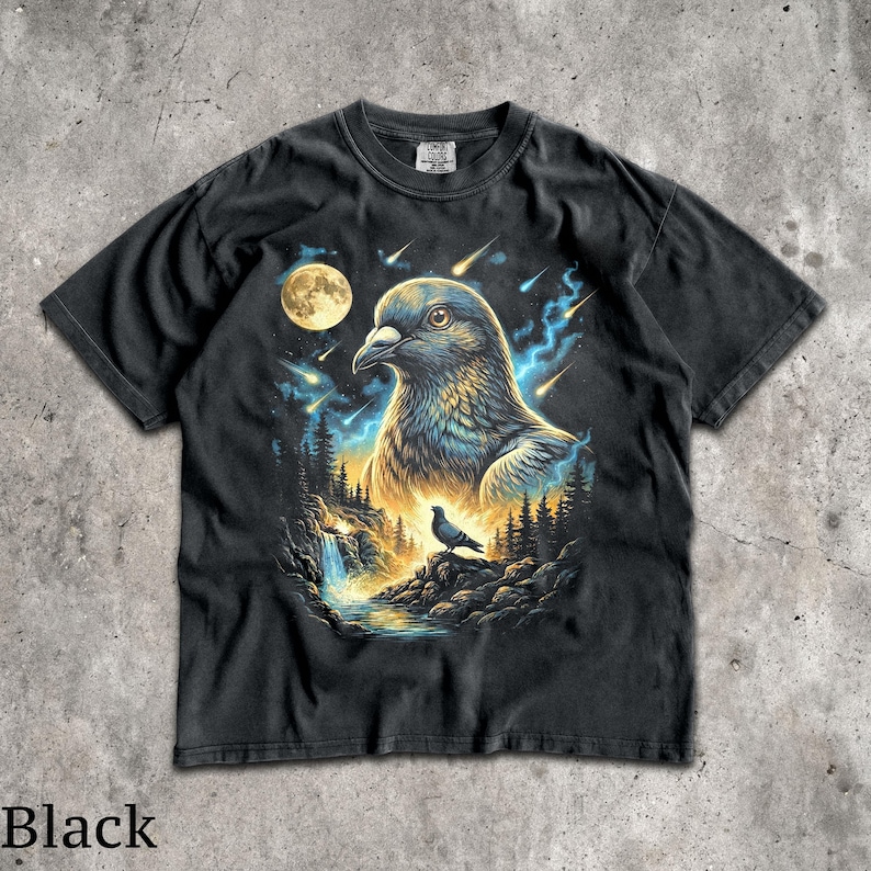 Pigeon Howling Moon T-Shirt - Men & Women's Unisex Graphic Tee - Vintage 90s Meme Shirt - Retro Unhinged Shirt - Dumb Bird Shirt Black