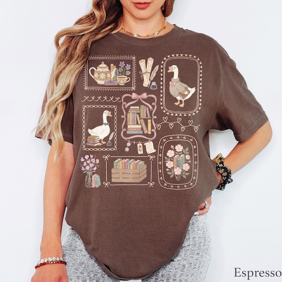 Cute Goose Reading T-Shirt - Men & Women's Unisex Graphic Tee - Cozy Reading Shirt - Cute Teacher Librarian Shirt - Retro Book Club Shirt