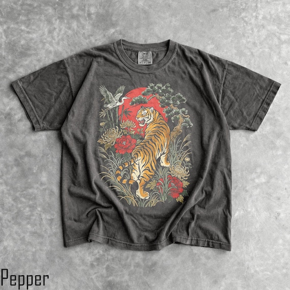 Retro Tiger T-Shirt - Men & Women's Unisex Graphic Tee - Vintage Boho Shirt - Linocut Style Wildcat Shirt - Cottagecore Shirt