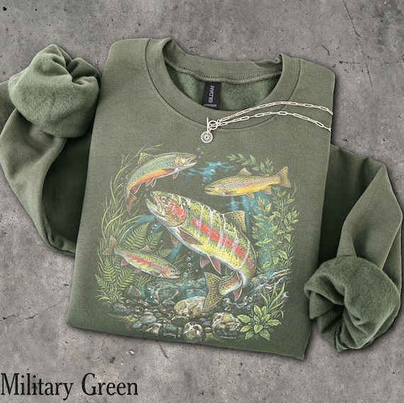 90s River Wildlife Sweatshirt - Men & Women's Unisex Graphic Sweater - Vintage Rainbow Trout Crewneck - Retro Fishing Pullover