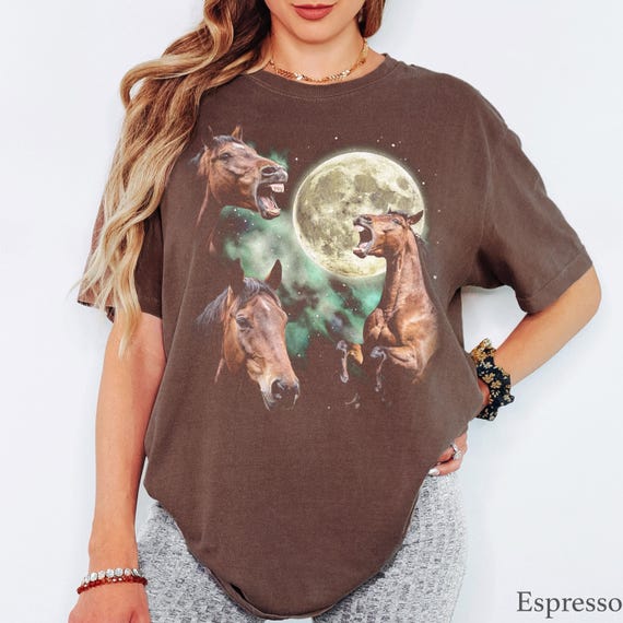 Three Horses Moon T-Shirt - Men & Women's Unisex Graphic Tee - Vintage Funny Meme Tee - Horse Howling Shirt - Western Cursed Shirt