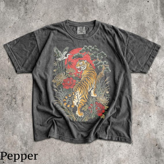 Retro Tiger T-Shirt - Men & Women's Unisex Graphic Tee - Vintage Boho Shirt - Linocut Style Wildcat Shirt - Cottagecore Shirt