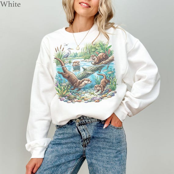 90s Otters Sweatshirt - Unisex Men & Women's Graphic Sweater - Vintage River Wildlife Shirt - Cute Pullover - Nostalgia Nature Crewneck