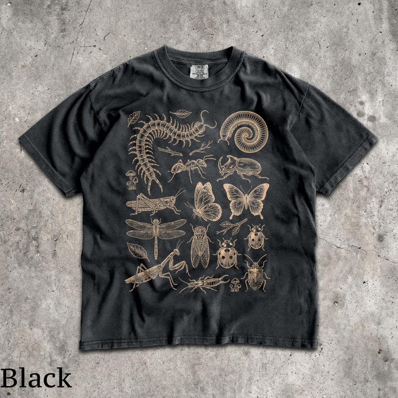 90s Bugs T-Shirt - Men & Women's Unisex Graphic Tee - Vintage Insect Tee - Centipede - Ant - Mantis - Tattoo Style Tee - Entomology Shirt Black