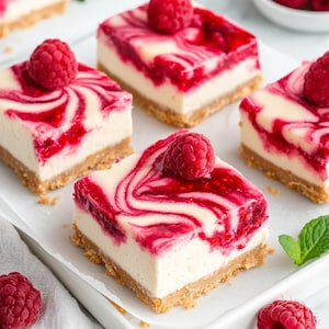 May include: Close-up of several raspberry cheesecake squares on a white tray. Each square has a graham cracker crust, a creamy white filling swirled with red raspberry, and a fresh raspberry on top. A sprig of mint is visible.