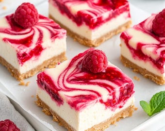 MEILLEURE RECETTE pour barres de gâteau au fromage aux framboises | Cheesecake avec tourbillon de framboises Recette | Recette d'été | Dessert facile | Ebook | Télécharger