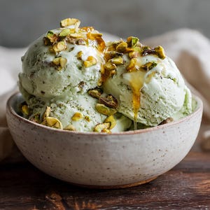 Pode incluir: Uma tigela de gelado de pistácio com pistácios picados e um fio de mel. O gelado é verde claro e servido numa tigela de cerâmica salpicada. O mel é de cor dourada e escorre pela lateral.