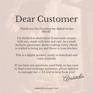 May include: A digital recipe eBook cover with the text "Dear Customer" in a large, elegant font. The text below expresses gratitude and details about the digital product, signed by "Amanda" with the shop's name at the bottom.