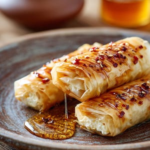 Può includere: Primo piano di tre pasticcini dorati su un piatto rustico. I pasticcini sono cosparsi di uno sciroppo ambrato lucido e cosparsi di semi di sesamo e scaglie rosse. Il ripieno è cremoso e bianco.