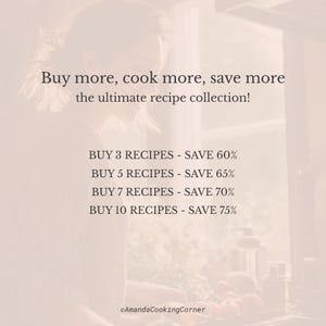 May include: A light beige image with text promoting a recipe collection. The text reads "Buy more, cook more, save more the ultimate recipe collection!" and lists savings for buying multiple recipes. The image includes the text "AmandaCookingCorner".