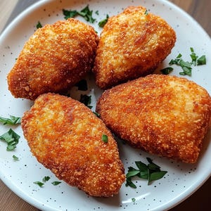 May include: Four golden-brown, breaded, and fried food items arranged on a white plate with small black speckles. Fresh green herbs are scattered around the food. The food items appear to be savory, possibly appetizers or entrees.