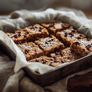 Può includere: Una teglia rettangolare piena di pasticcini tagliati a forma quadrata. I dolcetti sono di colore marrone chiaro, cosparsi di gocce di cioccolato fondente e spolverati di zucchero a velo. La teglia è foderata con carta da forno e poggia su un panno beige.