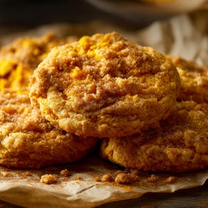 May include: Close-up of several golden-brown cookies with a crumbly, cinnamon-sugar topping. The cookies are stacked on top of each other, with some crumbs scattered around them. The image is warm and inviting, suggesting a homemade treat.
