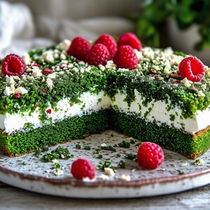 Puede incluir: Un pastel redondo con capas verdes y blancas, cubierto con frambuesas rojas frescas y migas blancas. El pastel está sobre un plato moteado, con una rebanada quitada. El pastel es un postre.