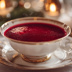 Peut inclure: Un bol en porcelaine blanc rempli d'une soupe rouge foncé fumante, peut-être du bortsch, est posé sur une soucoupe assortie. Le bol et la soucoupe ont des bordures dorées et des détails ornés. L'arrière-plan est flou avec un éclairage ambiant chaud.