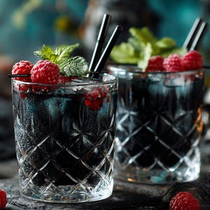 May include: Two clear, diamond-patterned glasses filled with a dark blue liquid, garnished with fresh raspberries and mint sprigs. Black straws are placed in each glass. The drinks sit on a dark surface.