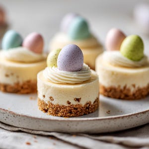Puede incluir: Mini-tartas de queso con base de galleta, cubiertas con crema y huevos de Pascua moteados de colores pastel. Los postres están dispuestos en un plato gris claro, perfectos para una celebración primaveral.