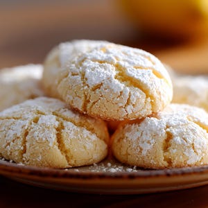 May include: A close-up of a plate of lemon cookies. The cookies are pale yellow, round, and dusted with powdered sugar. The cookies are stacked on a brown plate, with a blurred background.