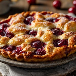 May include: A cherry pie on a grey plate. The pie has a golden-brown, lattice-designed crust and is filled with bright red cherries. The pie is dusted with icing sugar. The pie is on a grey napkin.
