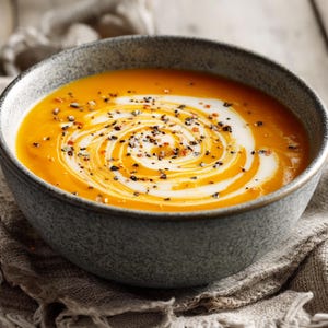 May include: A bowl of vibrant orange soup with a swirl of white cream and a sprinkle of black pepper and red flakes. The soup is served in a gray ceramic bowl, resting on a textured, neutral-colored cloth.