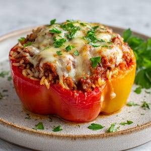 Könnte beinhalten: Eine gefüllte Paprika auf einem Teller. Die Paprika ist rot und gelb, gefüllt mit einer Mischung aus Reis, Hackfleisch und mit geschmolzenem Käse und frischer Petersilie belegt. Der Teller ist beige.