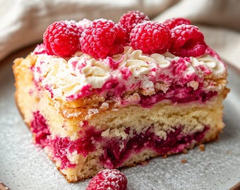 May include: A slice of raspberry cake on a grey plate. The cake features a light yellow sponge base, a layer of raspberry filling, and is topped with white frosting and fresh red raspberries. Icing sugar dusts the top.