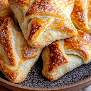 Puede incluir: Primer plano de varios pasteles dorados, posiblemente empanadillas, dispuestos en un plato. Los pasteles tienen un aspecto hojaldrado y en capas con una superficie ligeramente glaseada. Algunos están espolvoreados con un fino polvo blanco, probablemente azúcar glas.