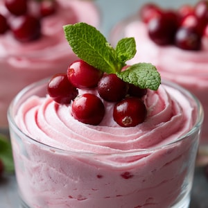Pode incluir: Close-up de uma sobremesa em um copo transparente. A sobremesa é uma mousse rosa claro, com redemoinhos e coberta com cranberries vermelhas frescas e brilhantes e um raminho de hortelã. A imagem sugere um deleite frutado e refrescante.
