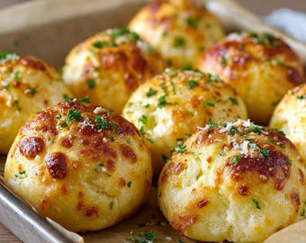 May include: A close-up shot of freshly baked, golden-brown garlic knots in a metal baking pan. The knots are topped with melted cheese and sprinkled with fresh parsley. The bread appears soft and fluffy, perfect for a snack or appetizer.