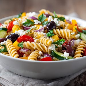 May include: A white bowl filled with a colorful pasta salad. The salad includes spiral pasta, red and yellow bell peppers, red onion, black olives, cucumber, tomatoes, and feta cheese, garnished with parsley.