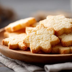 Könnte beinhalten: Ein Holzteller mit einem Haufen sternförmiger Kekse. Die Kekse haben eine hellgoldbraune Farbe mit einer strukturierten Oberfläche. Der Teller steht auf einem grauen Leinentuch, mit unscharfem Hintergrund.