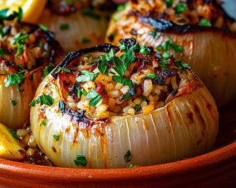 MIGLIORE RICETTA per cipolle ripiene alla greca / contorno mediterraneo / cibo confortante / ebook / download