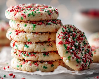 May include: A stack of round, light-colored cookies, each generously covered with red, green, and white sprinkles. The cookies are arranged on a piece of parchment paper, suggesting a homemade or bakery-fresh treat. The image evokes a festive, holiday theme.