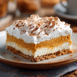 Puede incluir: Una porción de postre en capas en un plato. El postre tiene una base de galleta, una capa de crema blanca, una capa naranja y está cubierto con crema batida y espolvoreado con canela.