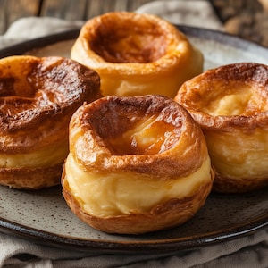 Puede incluir: Cuatro pudines de Yorkshire dorados sobre un plato gris. Los pudines tienen un exterior crujiente e hinchado y un interior suave y cremoso. El plato está sobre un paño de lino, con una superficie de madera en el fondo.