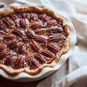 Könnte beinhalten: Ein frisch gebackener Pekannusskuchen in einer weißen Keramik-Pieform. Der Kuchen hat einen goldbraunen Teig und eine reichhaltige, glänzende braune Füllung mit ganzen Pekannüssen. Der Kuchen liegt auf einem weißen Tuch.