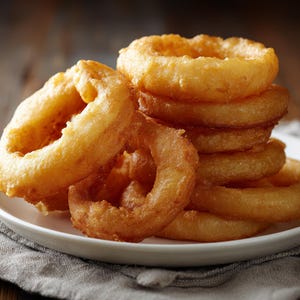 May include: A stack of golden-brown onion rings on a white plate. The onion rings are crispy and fried, with a light-colored batter. The plate sits on a gray napkin, with a wooden background.